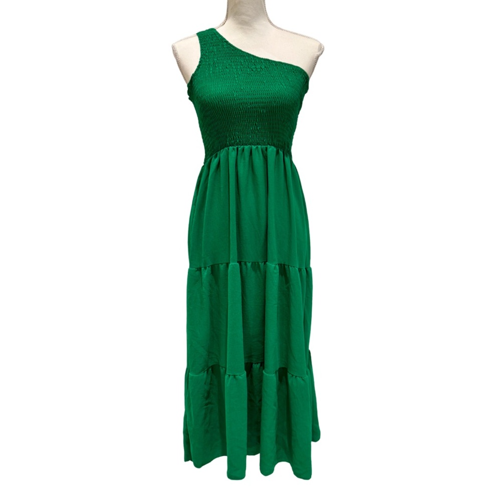 Green One-Shoulder Midi Tiered Dress | Elastic Smock Bodice (M)
